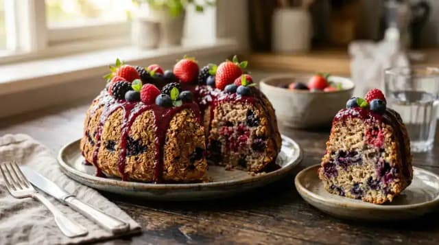 Bolo de Frutas Vermelhas sem Farinha: Saudável com Aveia e Mel: prato pronto