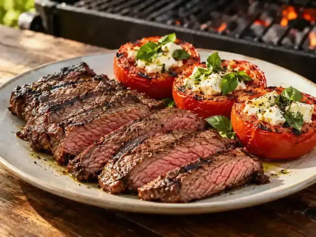 Carne Raquete Grelhada com Tomates Recheados: prato pronto
