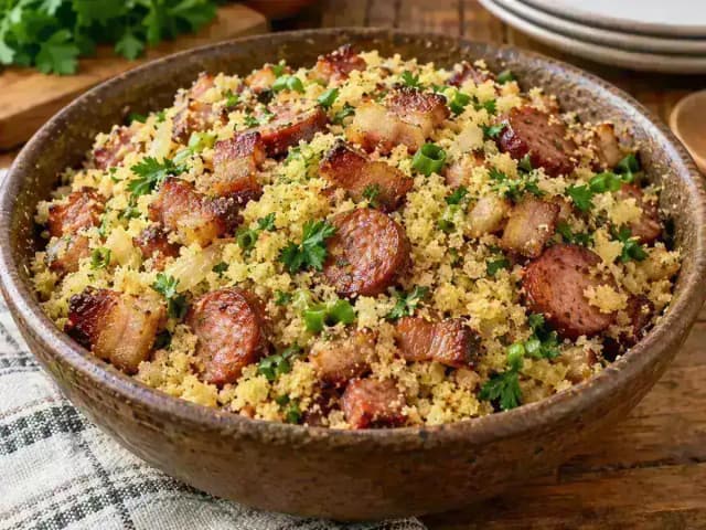 Farofa de Bacon e Calabresa para 30 Pessoas: prato pronto