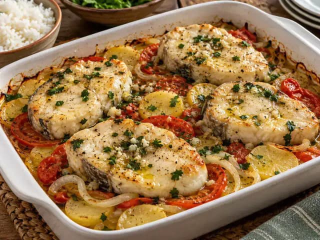 Posta de Cação no Forno com Batata: 20 Min e Suculenta: prato pronto