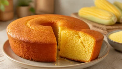 Bolo de fubá sem farinha de trigo fofinho, cortado em fatias