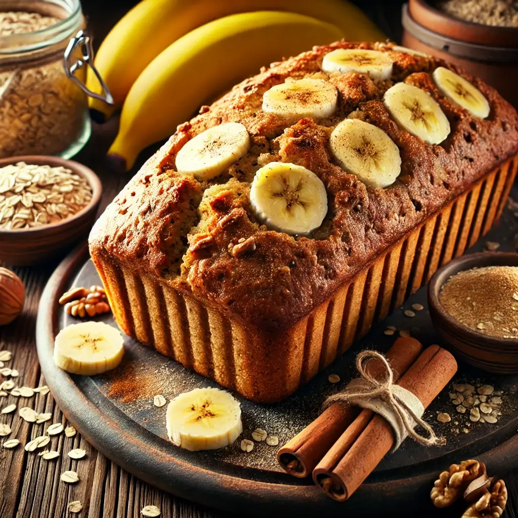 Bolo de banana sem açúcar assado, decorado com fatias de banana e uma pitada de canela, em uma tábua de madeira com um fundo rústico de cozinha.