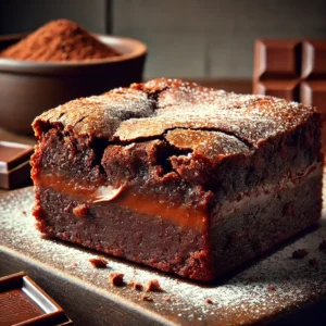 Brownie de chocolate com casquinha crocante e recheio cremoso sobre tábua de madeira.