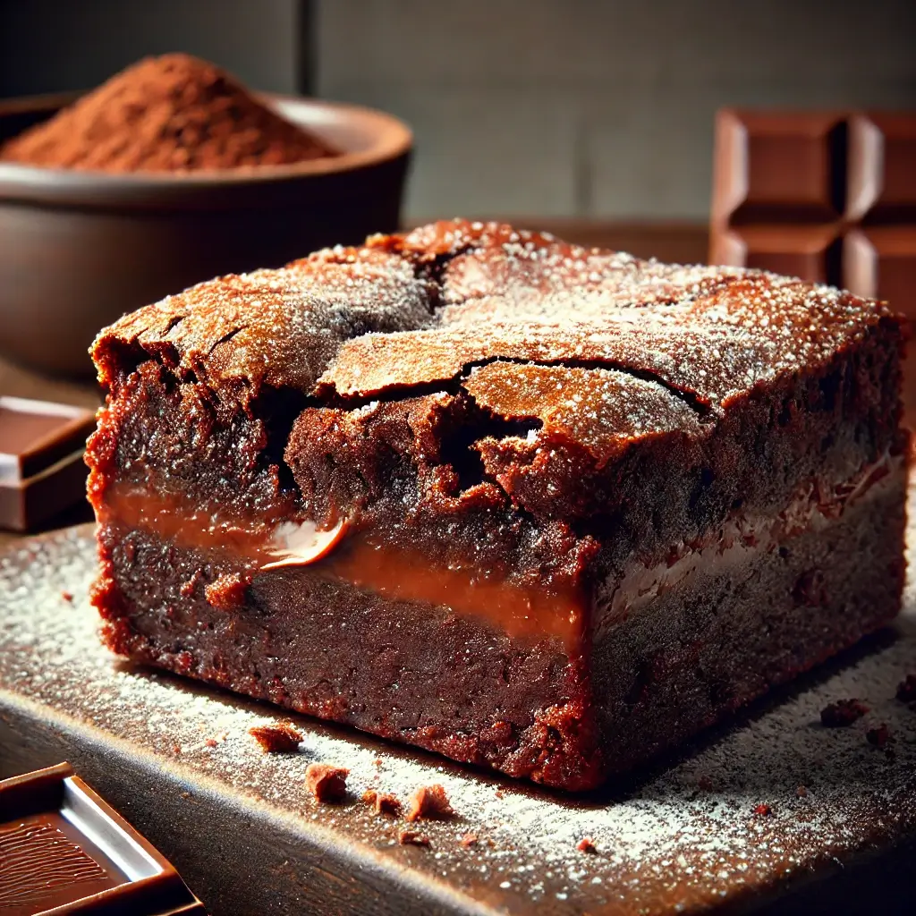 Brownie de chocolate com casquinha crocante e recheio cremoso sobre tábua de madeira.