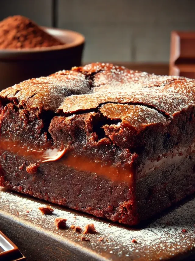 Brownie de chocolate com casquinha crocante e recheio cremoso sobre tábua de madeira.