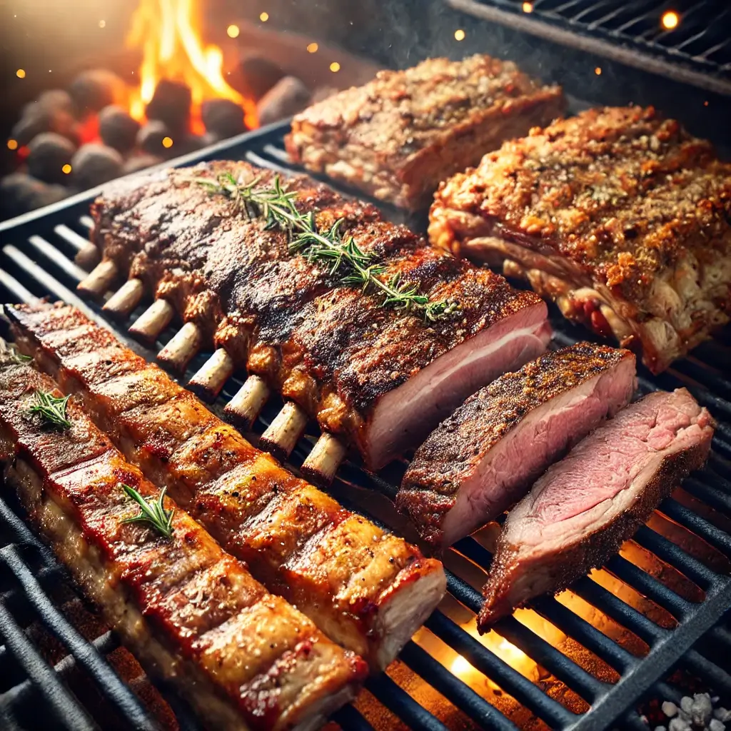 Cortes suculentos de carne suína sendo grelhados, com detalhes de fumaça e suculência, dicas para churrasco com carne de porco.