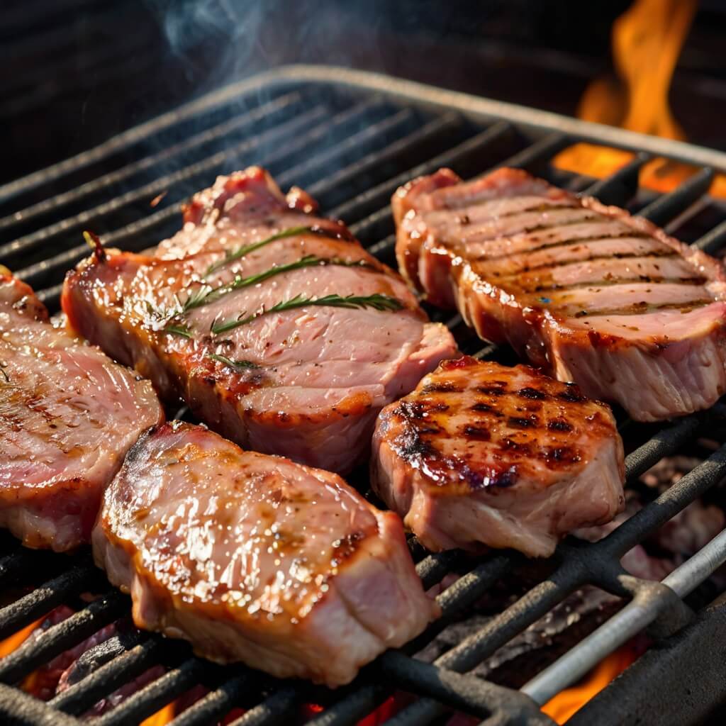 Cortes suculentos de carne suína sendo grelhados, com detalhes de fumaça e suculência, dicas para churrasco com carne de porco.