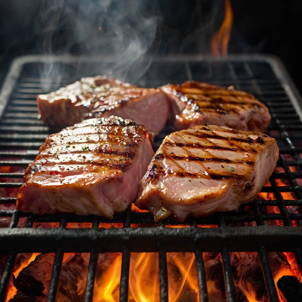 Cortes suculentos de carne suína sendo grelhados, com detalhes de fumaça e suculência, dicas para churrasco com carne de porco.