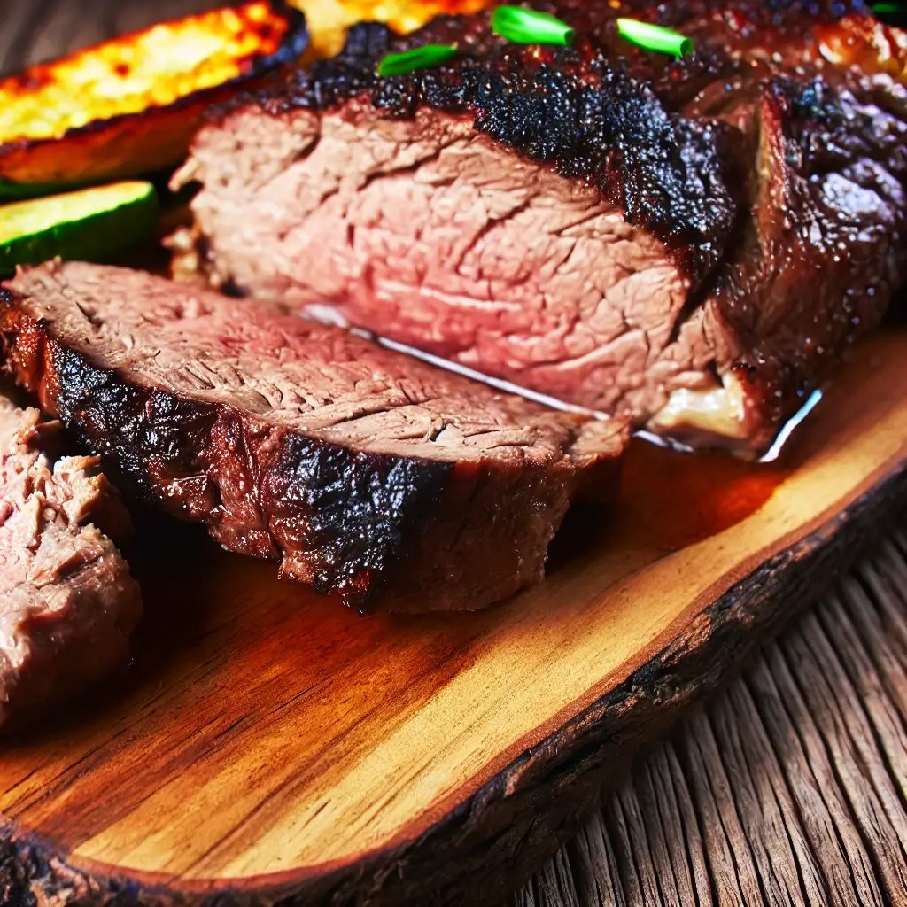 Carne assada no forno, suculenta e macia, servida em uma tábua rústica com crosta dourada e acompanhada de legumes assados