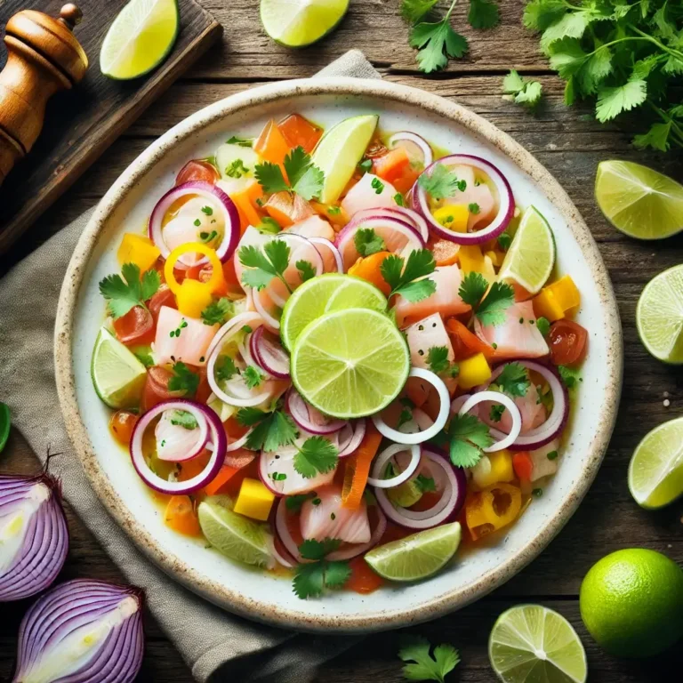 Ceviche fresco em tigela com limão e ervas.