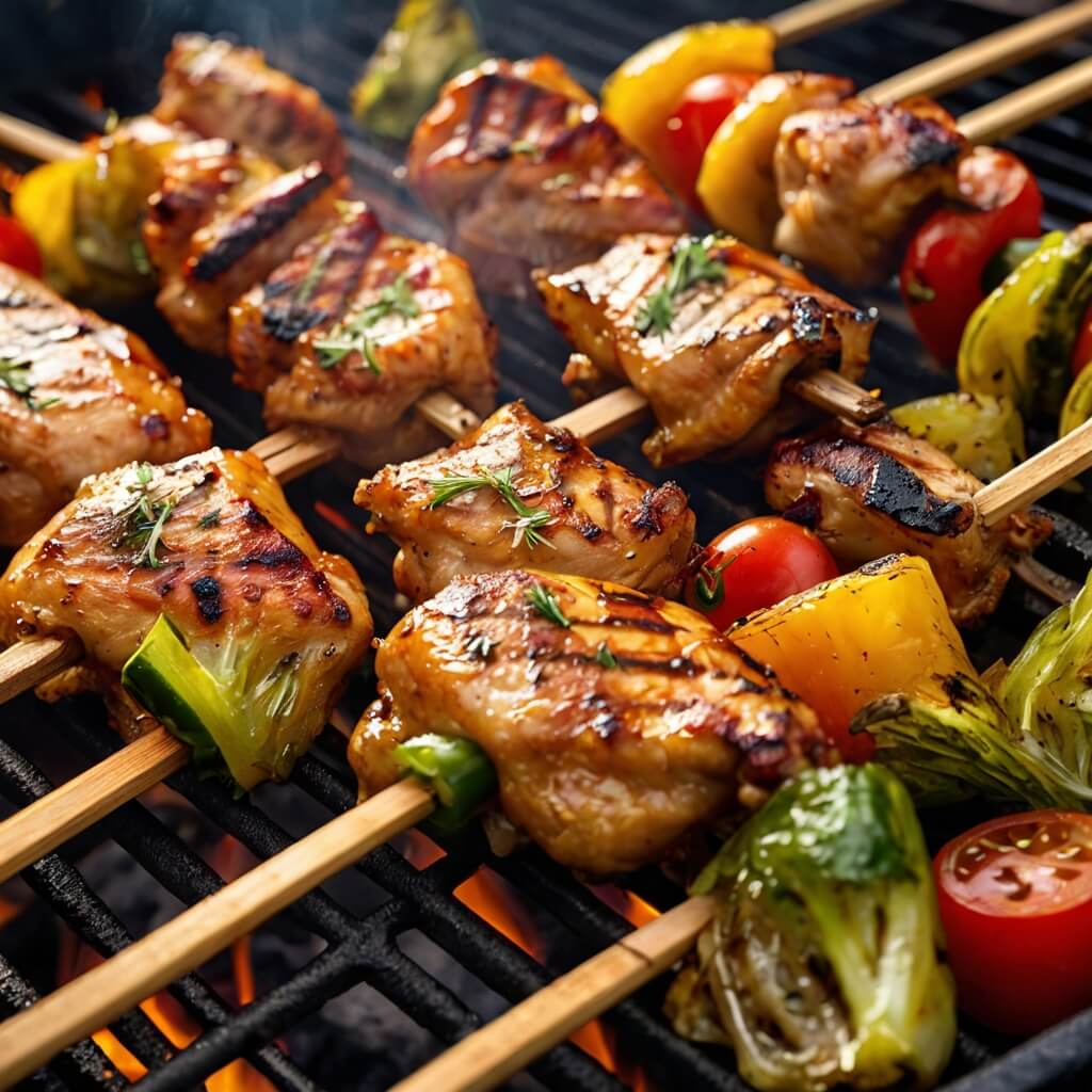 Espetinho de frango dourado e suculento na grelha, com vegetais frescos, passo a passo para preparar espetinhos de frango saborosos.