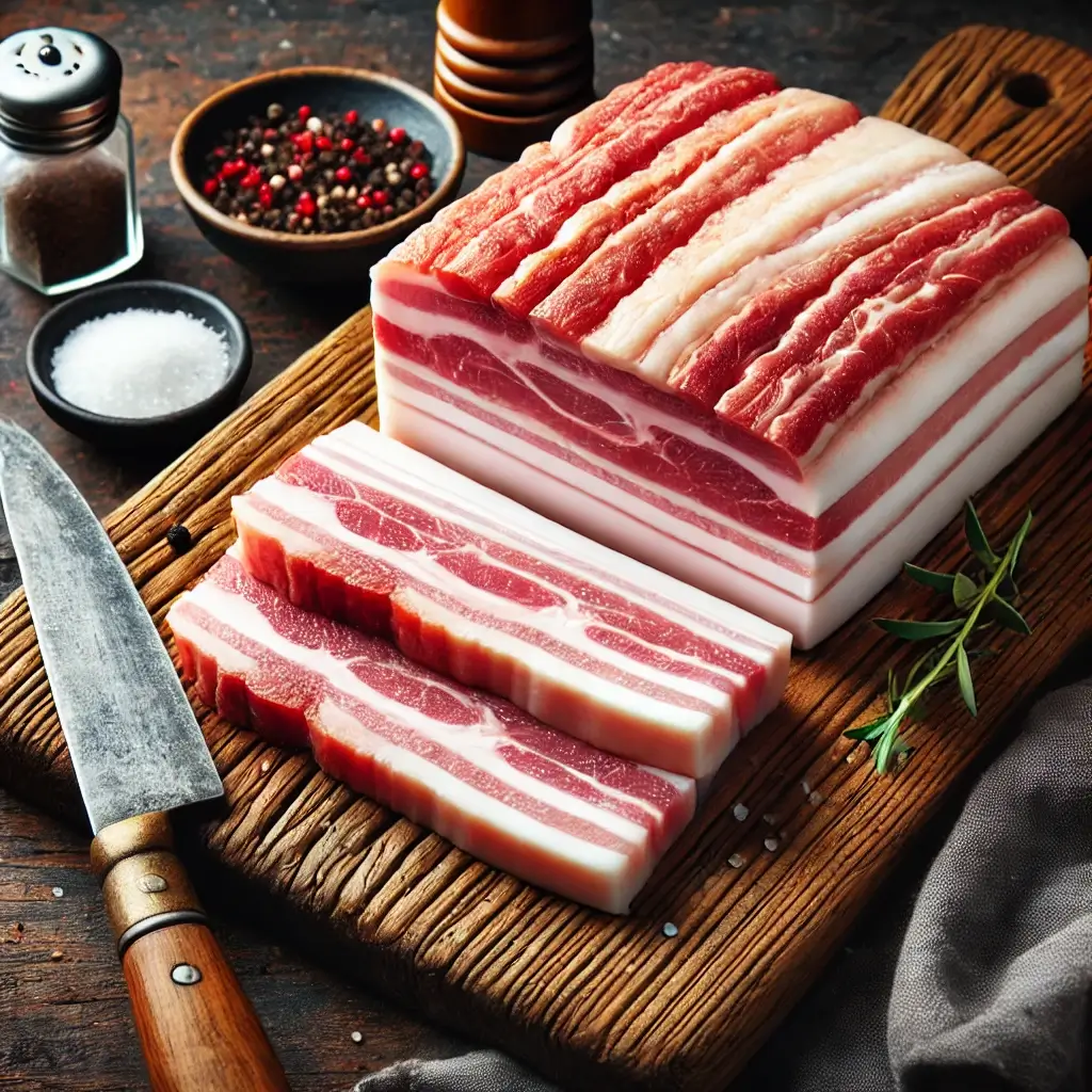 Peça de barriga de porco ideal para torresmo, com equilíbrio perfeito entre gordura e carne.