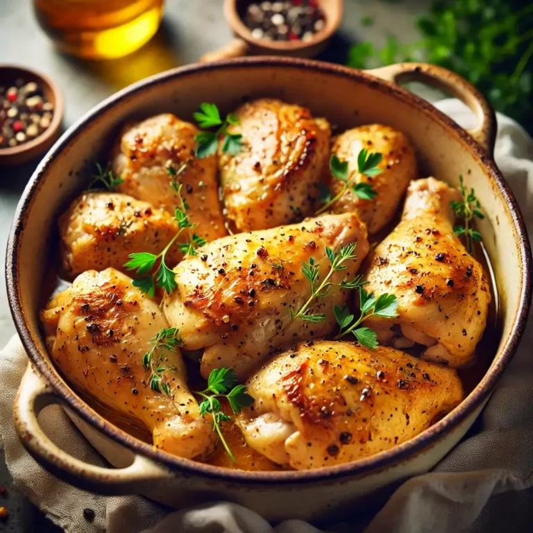 Frango cozido em uma panela rústica, dourado e macio, rodeado por ervas frescas e temperos leves.