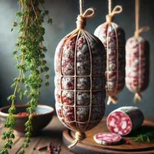 Salame caseiro pendurado para secar, em um ambiente rústico, com ervas ao lado e uma textura marmorizada.