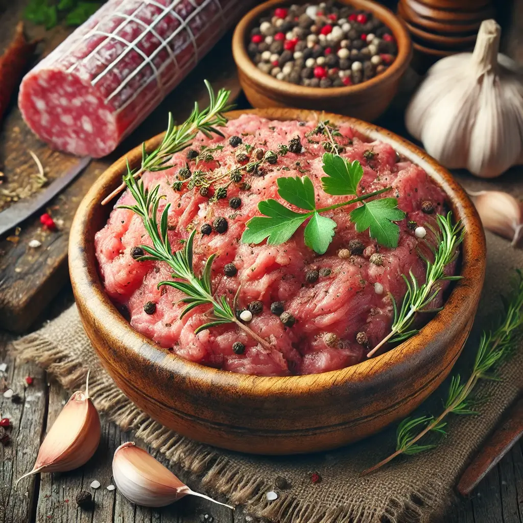 Mistura de carne de porco crua com temperos e ervas em uma tigela rústica, pronta para ser transformada em salame caseiro.