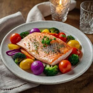 Prato de peixe grelhado com legumes frescos, ideal para ceia de Semana Santa rápida e saborosa, fácil de preparar.