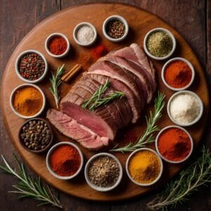 Variedade de temperos e especiarias para carne assada, incluindo alecrim, alho e páprica, ao lado de carne suculenta, ideal para receitas de tempero.