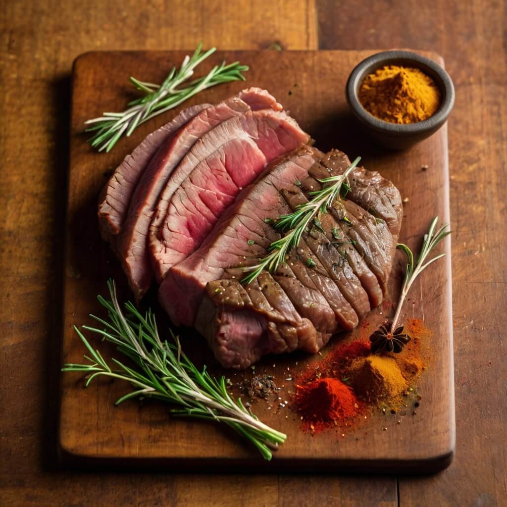 Variedade de temperos e especiarias para carne assada, incluindo alecrim, alho e páprica, ao lado de carne suculenta, ideal para receitas de tempero.