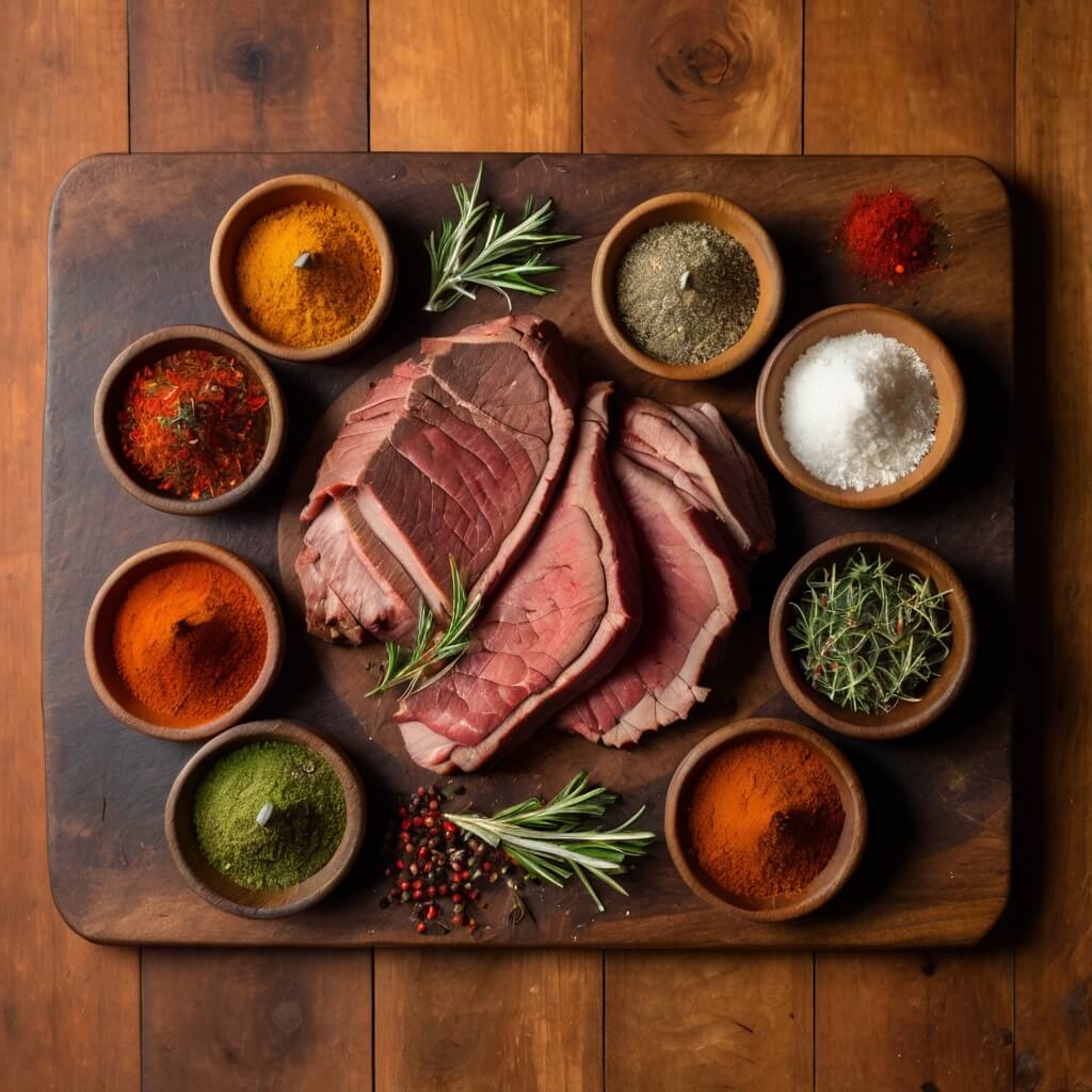 Variedade de temperos e especiarias para carne assada, incluindo alecrim, alho e páprica, ao lado de carne suculenta, ideal para receitas de tempero.