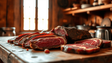 Peças de carne de jabá artesanal prontas para preparo, exibindo a textura e cor características.