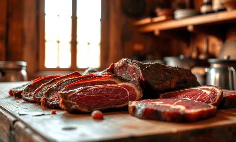 Peças de carne de jabá artesanal prontas para preparo, exibindo a textura e cor características.