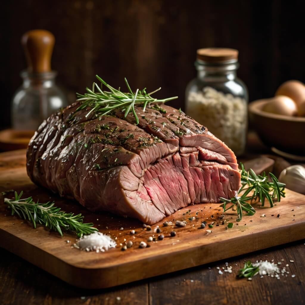 Carne temperada com alho, ervas e sal grosso, pronta para ser assada no forno, com uma atmosfera acolhedora de cozinha rústica ao fundo.