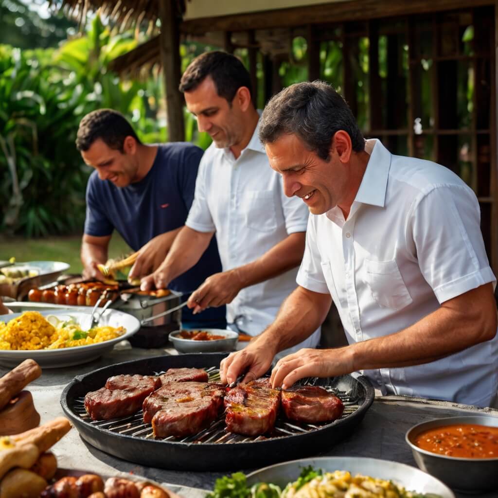 Churrasco ao ar livre com carne grelhada, espetos de picanha, linguiça e frango, acompanhado de saladas e pães de alho, em um ambiente alegre.