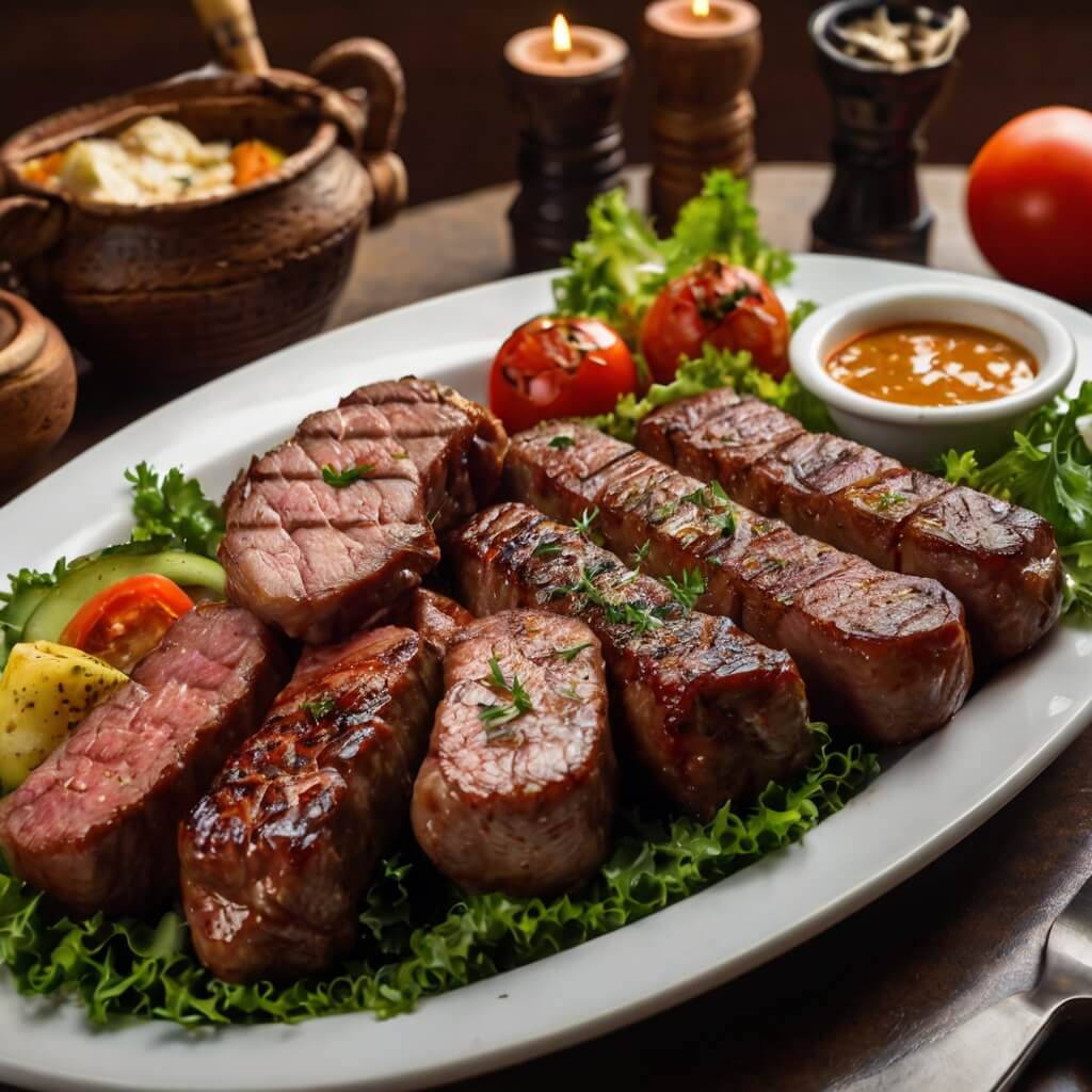 Churrasco ao ar livre com carne grelhada, espetos de picanha, linguiça e frango, acompanhado de saladas e pães de alho, em um ambiente alegre.