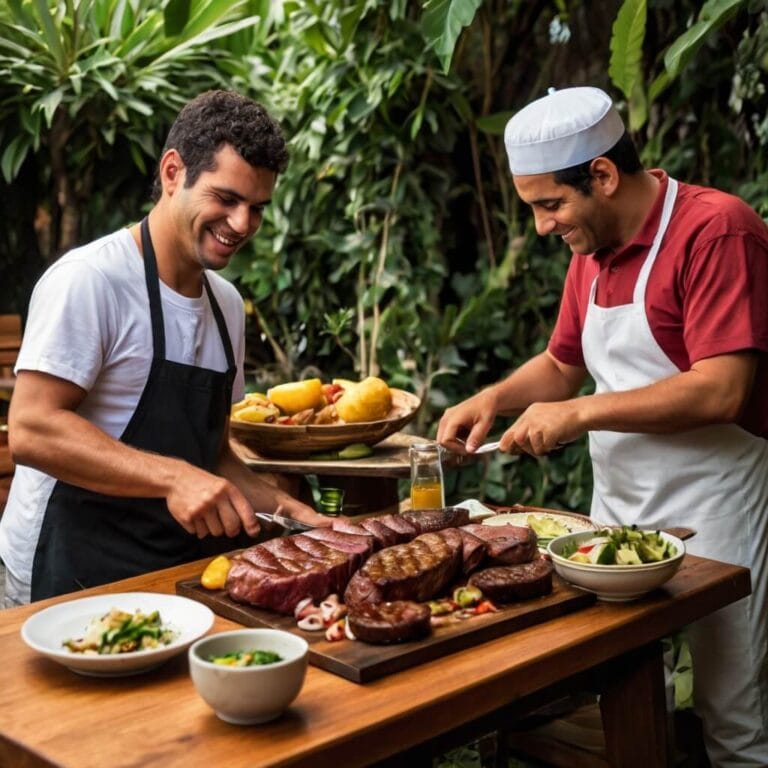 Churrasco ao ar livre com carne grelhada, espetos de picanha, linguiça e frango, acompanhado de saladas e pães de alho, em um ambiente alegre.