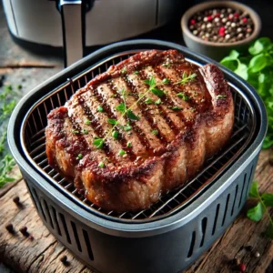 Bife cozido na airfryer com crosta dourada, servido em uma tábua rústica, decorado com ervas frescas.