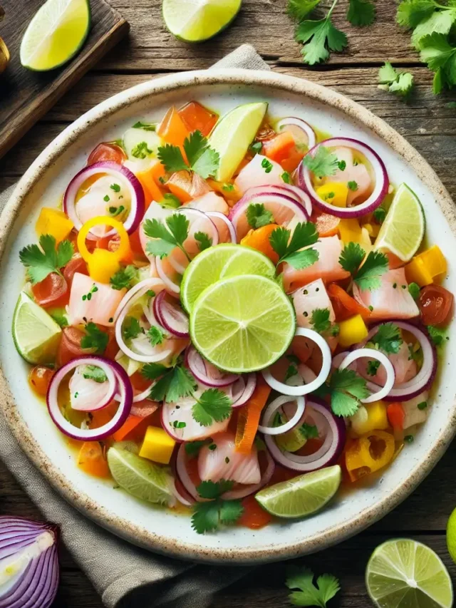 Ceviche fresco em tigela com limão e ervas.