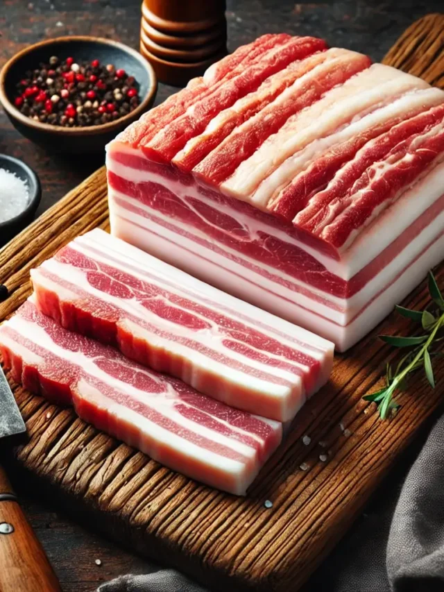 Peça de barriga de porco ideal para torresmo, com equilíbrio perfeito entre gordura e carne.