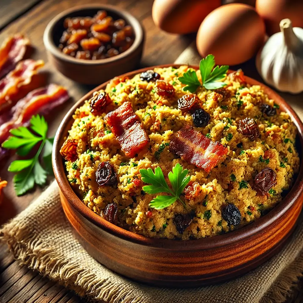 Imagem de uma farofa para rechear porco, com bacon, frutas secas e ervas, servida em uma tigela rústica sobre uma mesa de madeira.