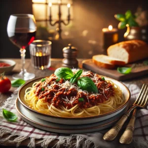 Prato de macarrão à bolonhesa tradicional, com molho de carne sobre espaguete, decorado com folhas de manjericão fresco e queijo parmesão ralado, servido em uma mesa rústica com um copo de vinho tinto ao fundo.