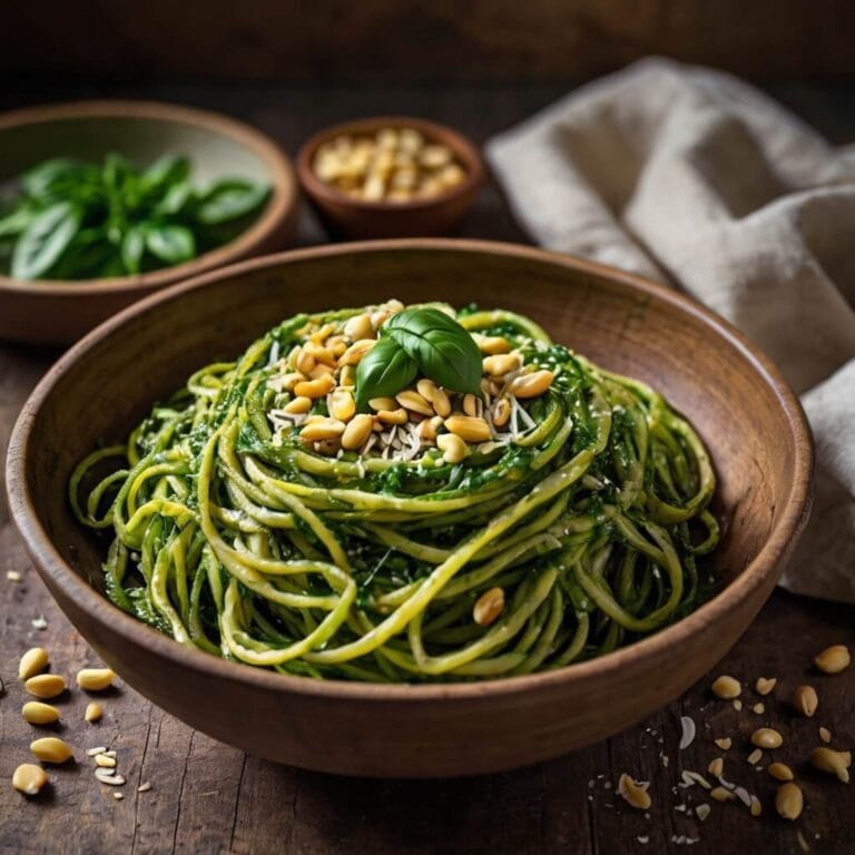 Macarrão de abobrinha fresco coberto com molho pesto vibrante, pinoli e queijo parmesão, servido em uma tigela rústica