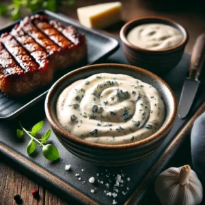 Molho gorgonzola cremoso em uma tigela ao lado de uma carne grelhada com marcas de grelha, servido em uma superfície rústica.