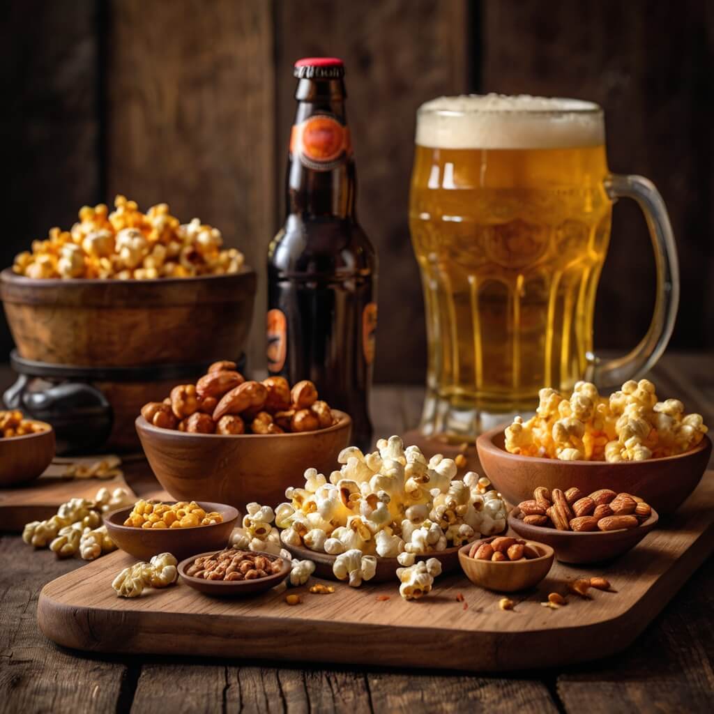 Petiscos variados para acompanhar cerveja, incluindo pipoca crocante, amendoim torrado com especiarias, linguiça grelhada e queijo frito, com cervejas ao fundo.