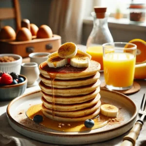 Pilha de panquecas de aveia fitness com fatias de banana por cima, regadas com mel e polvilhadas com canela, em uma mesa de café da manhã aconchegante.