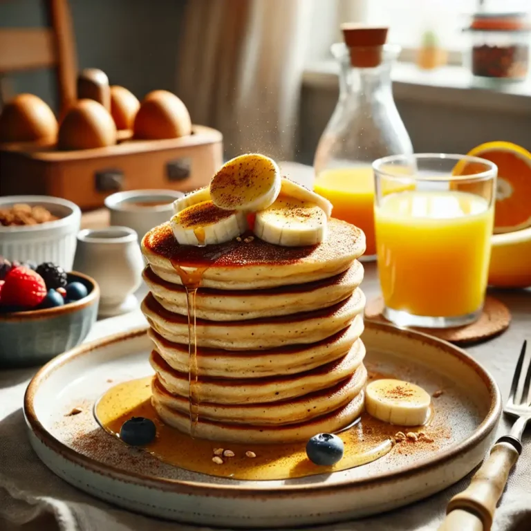 Pilha de panquecas de aveia fitness com fatias de banana por cima, regadas com mel e polvilhadas com canela, em uma mesa de café da manhã aconchegante.