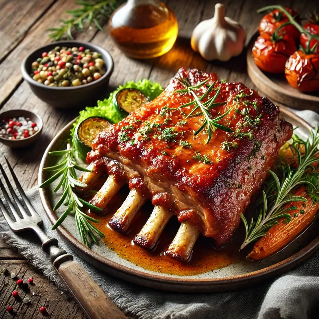 Prato de costelinha minga suculenta, dourada e crocante, acompanhada de ervas frescas e vegetais assados em uma mesa rústica.