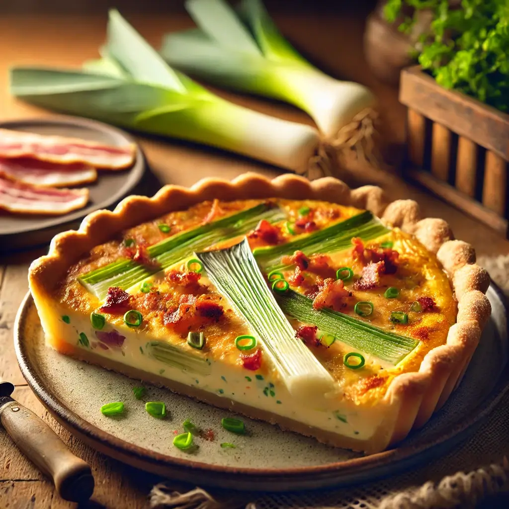 Fatia de quiche de alho-poró com bacon sobre um prato rústico, com crosta dourada e recheio cremoso, decorada com ingredientes frescos ao fundo em uma mesa de madeira.