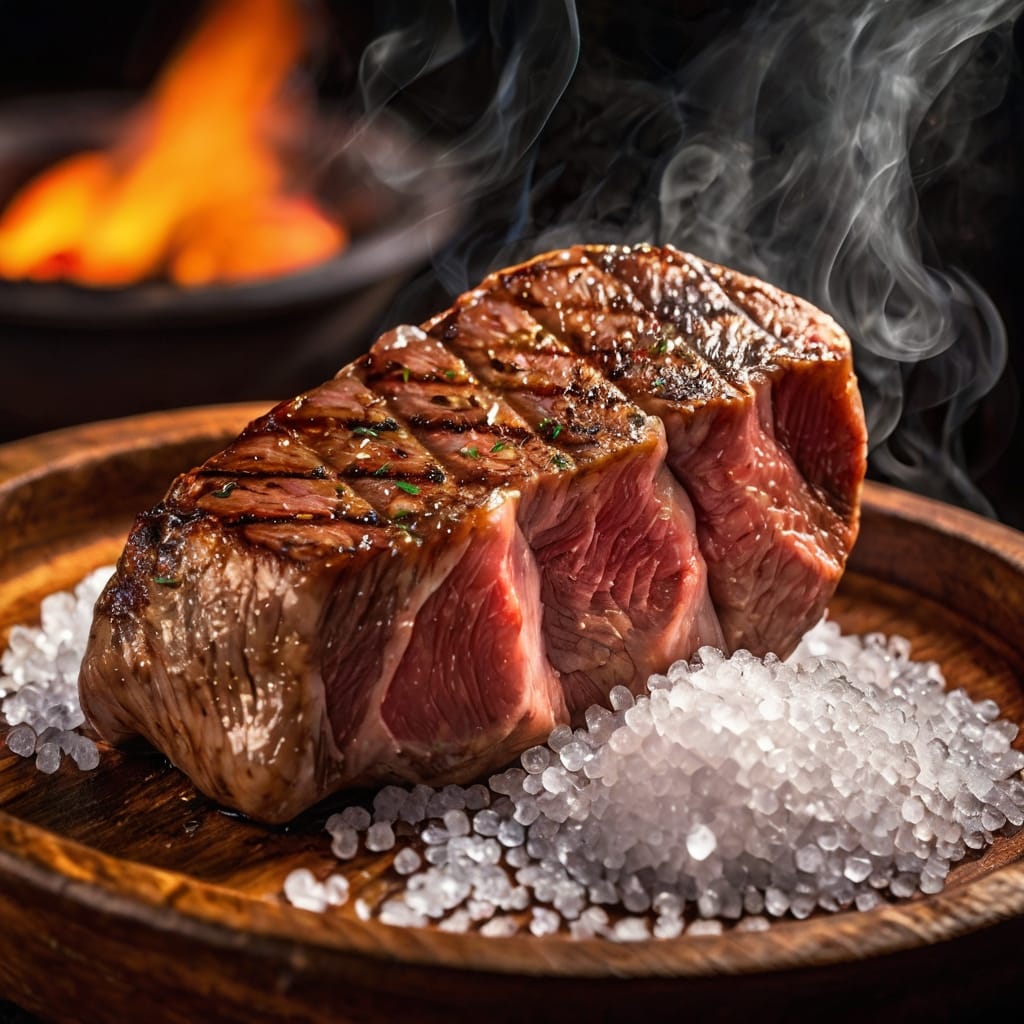 Comparação entre sal grosso e sal de parrilla em uma mesa rústica. Sal grosso em cristais grandes em um bowl de cerâmica e sal de parrilla fino em um prato de vidro, com churrasco ao fundo.