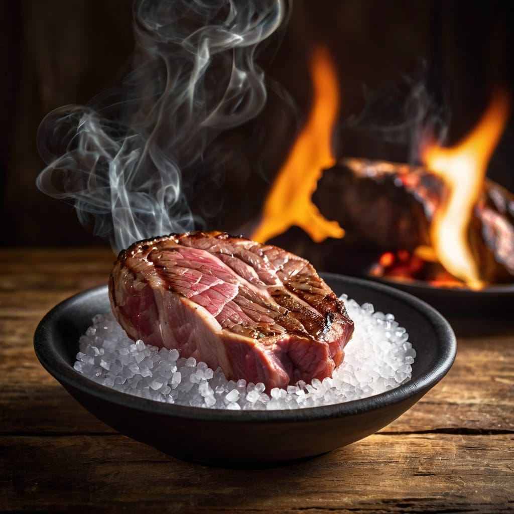 Comparação entre sal grosso e sal de parrilla em uma mesa rústica. Sal grosso em cristais grandes em um bowl de cerâmica e sal de parrilla fino em um prato de vidro, com churrasco ao fundo.