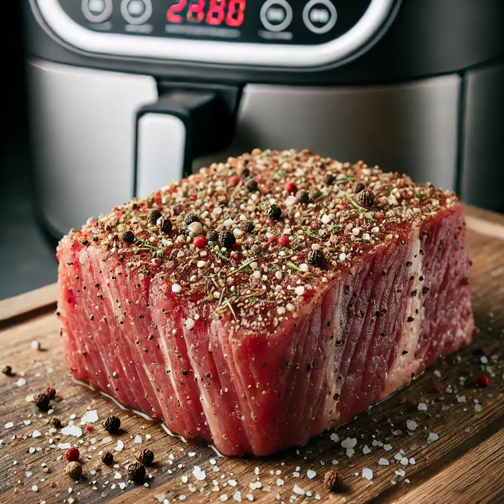 Carne temperada com sal, pimenta e ervas, pronta para ser cozida na airfryer, com o aparelho ao fundo.