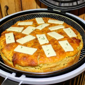 Torta de frango cremosa recém-assada, com cobertura dourada e queijo derretido, em uma forma redonda dentro de uma airfryer, com um fundo de cozinha rústica e acolhedora.