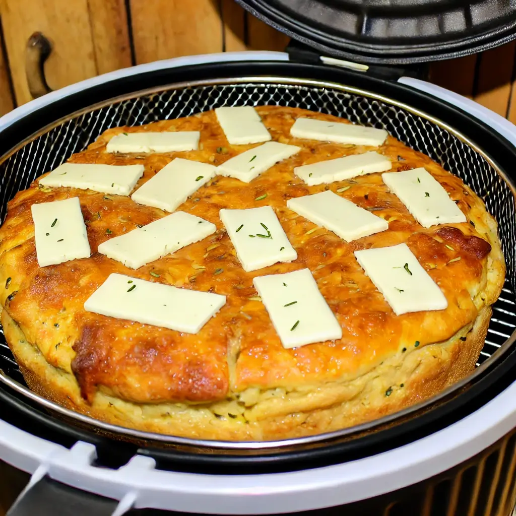 Torta de frango cremosa recém-assada, com cobertura dourada e queijo derretido, em uma forma redonda dentro de uma airfryer, com um fundo de cozinha rústica e acolhedora.