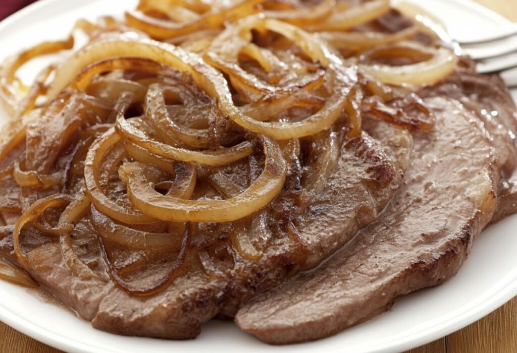 Prato com bife de fígado acebolado, coberto com cebolas caramelizadas e salsinha fresca.