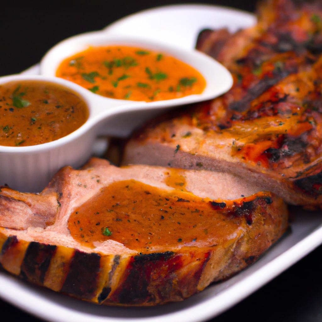 Bisteca de porco suculenta sendo cozida com molho de tomate caseiro, com ervas frescas e vinho tinto, em uma panela quente.