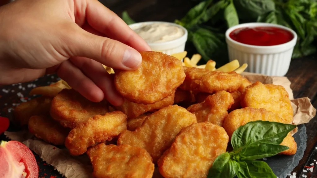 Nuggets crocantes prontos para servir, acompanhados de molhos como ketchup e maionese, com batatas fritas ao lado