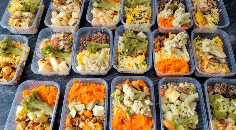 Uma marmita fit colorida e organizada, com os 4 grupos de alimentos destacados: proteína magra, carboidratos complexos, legumes e vegetais, e gorduras boas.